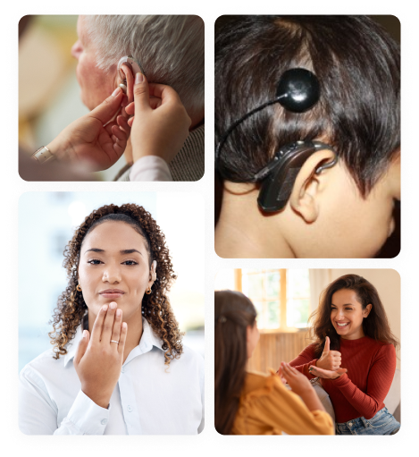 four picture collage depicting hearing aids and sign language